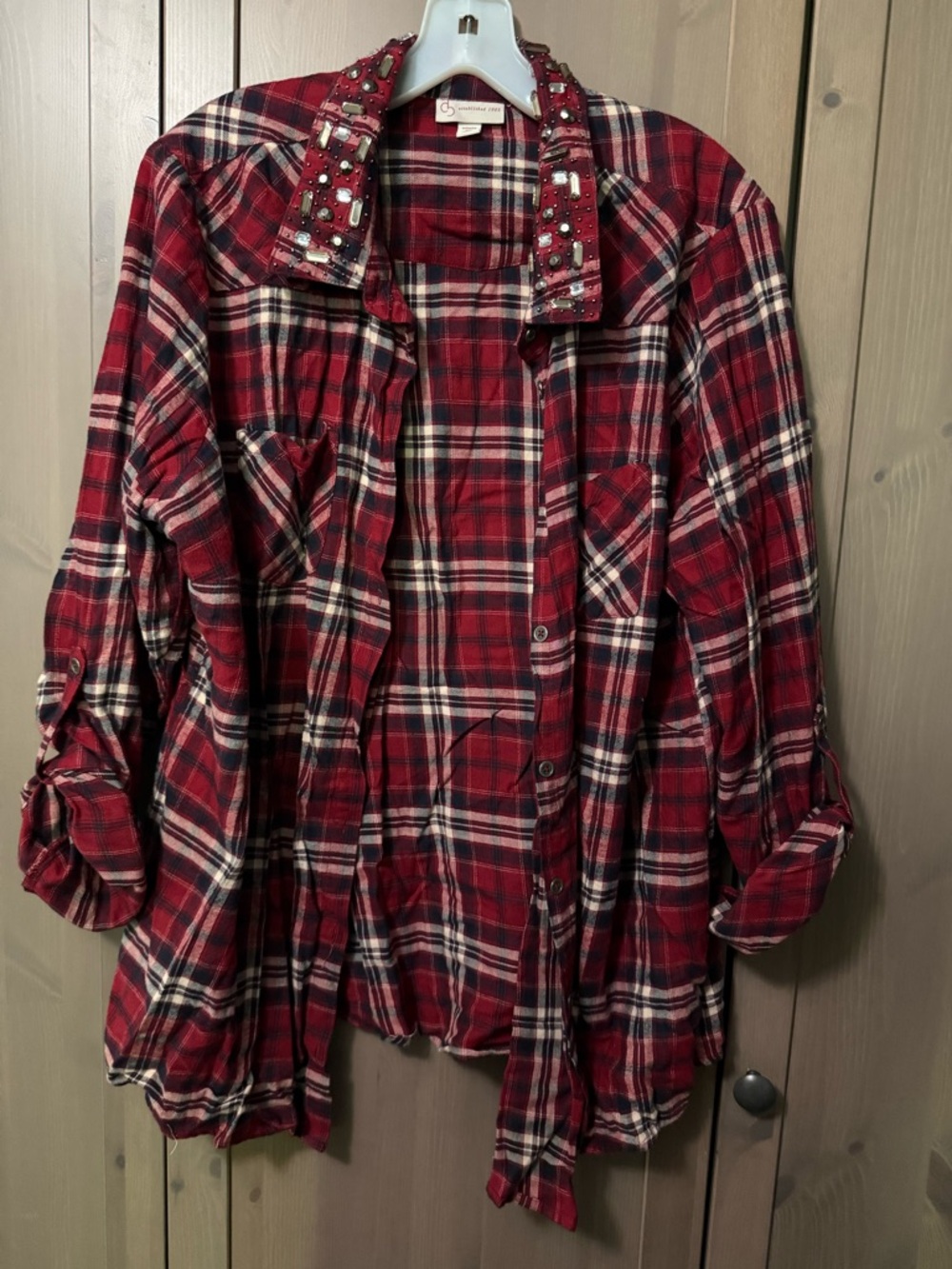 Dress Barn Red Plaid Jeweled Collar Button-Up Shirt
